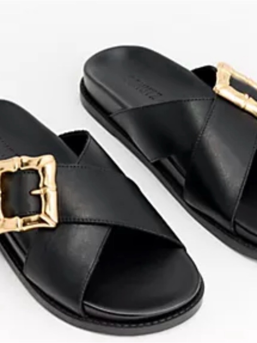 SCHUTZ Black Leather Crisscross Slide Sandals with Gold Buckle